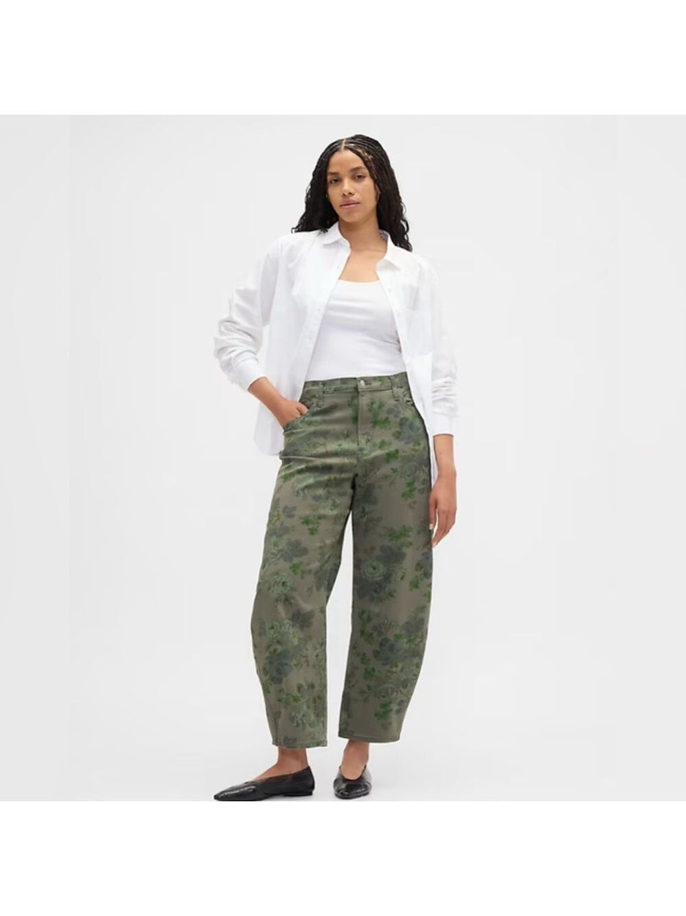 Gap BoHo High-Rise Army Green Floral Camo Print Barrel Denim Jeans 10/30 Short